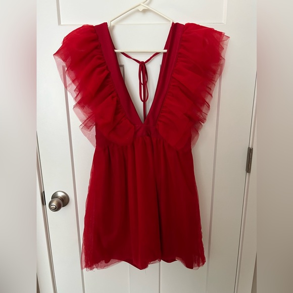 Plunging Neck Ruffle Trim Mesh Overlay Dress NWT - Picture 4 of 7
